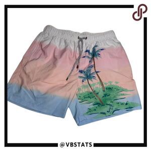 Vintage Summer Red/Orange/Blue/White Tropical Swim Trunks in Size Large